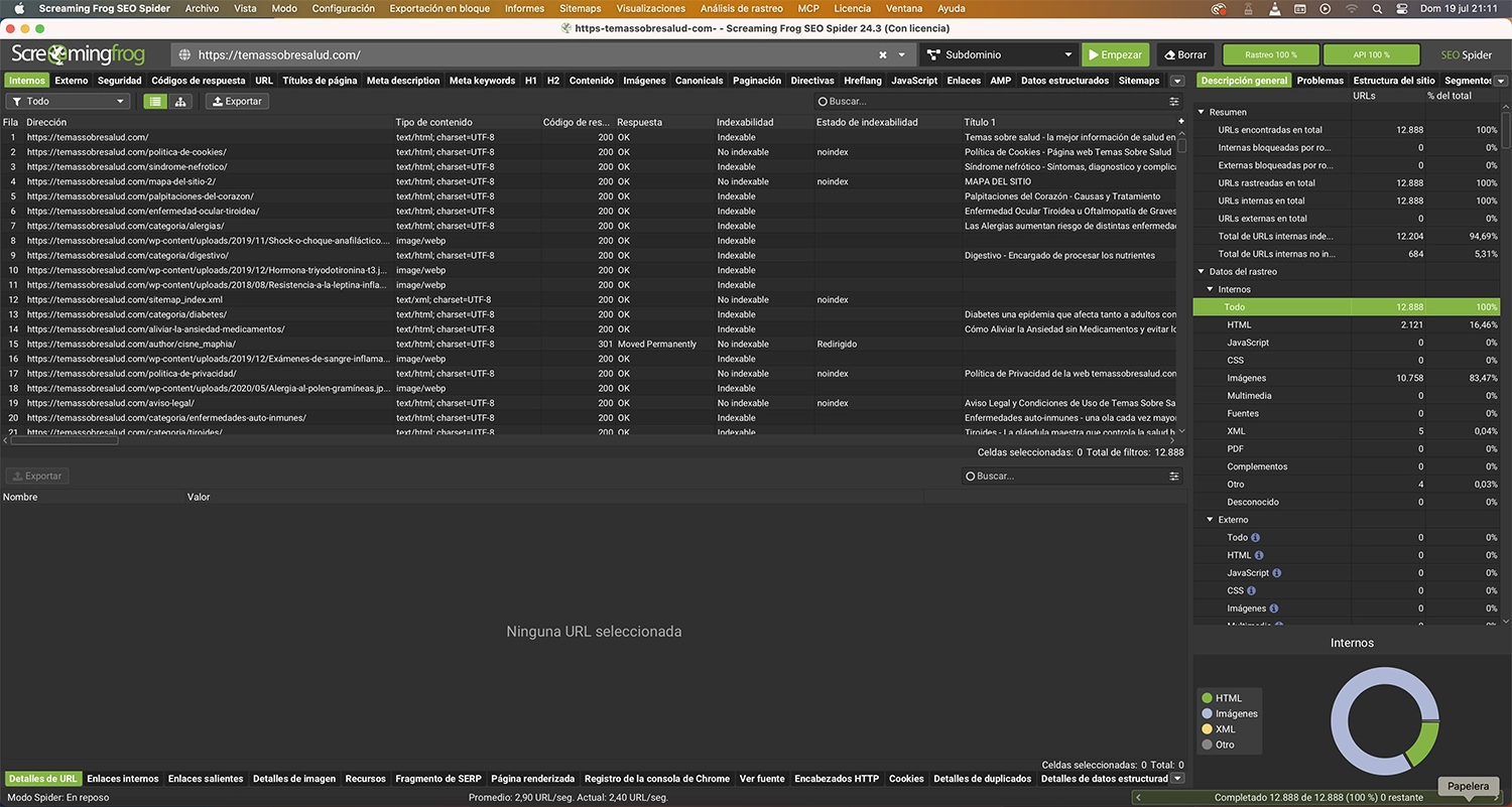 Interfaz gráfica de Screaming Frog SEO Spider, el punto de partida antes de pasar al modo headless en un VPS