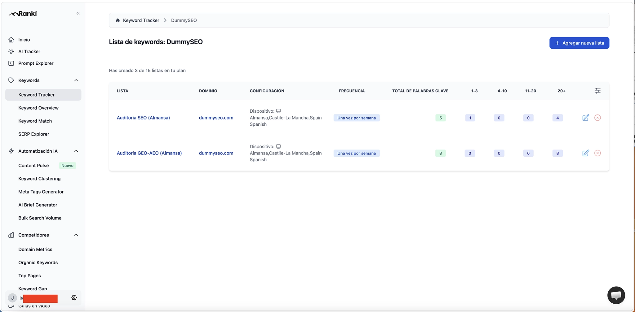 Dos listas de seguimiento de dummyseo.com creadas desde la conversación con Claude Code: auditoría SEO y auditoría GEO-AEO, en Almansa, escritorio, español y frecuencia semanal