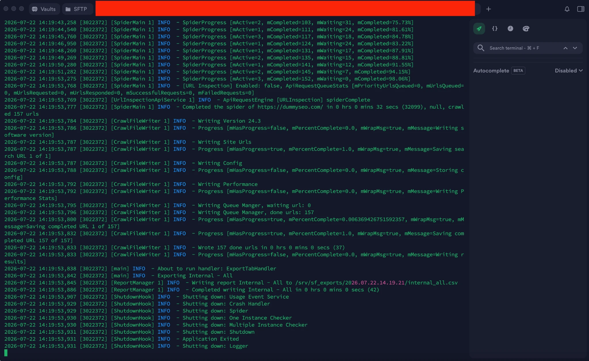 Terminal con el final de un crawl de Screaming Frog headless: línea Completed the spider con el recuento de URLs, exportación del CSV y letanía de cierre hasta Application Exited