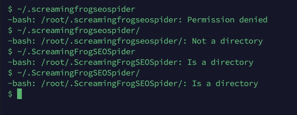 Errores de bash al escribir en minúsculas la ruta de la carpeta .ScreamingFrogSEOSpider en Linux: la misma ruta responde distinto según las mayúsculas