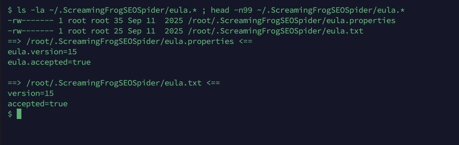 Ficheros eula.properties y eula.txt generados por Screaming Frog en un VPS tras aceptar el EULA en modo headless, con version=15 y accepted=true