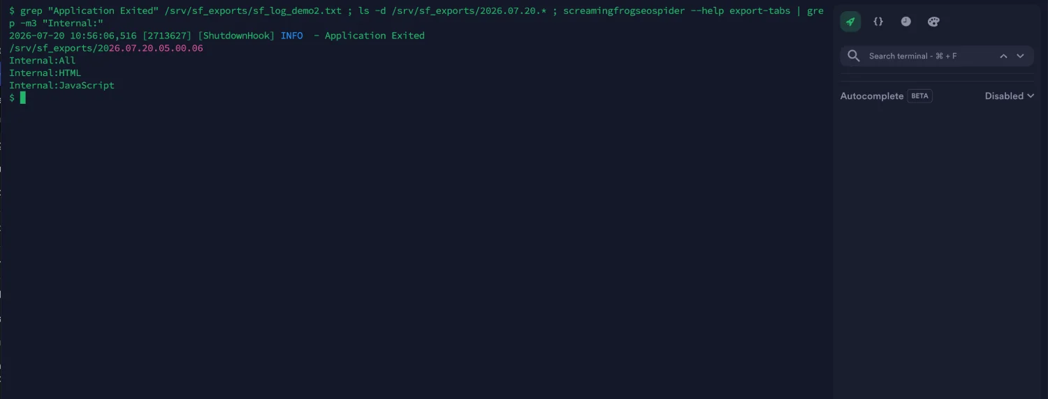 Fallo silencioso de Screaming Frog headless: el rastreo con un nombre de pestaña inválido termina sin avisos, no crea carpeta de export, y --help export-tabs muestra el nombre correcto