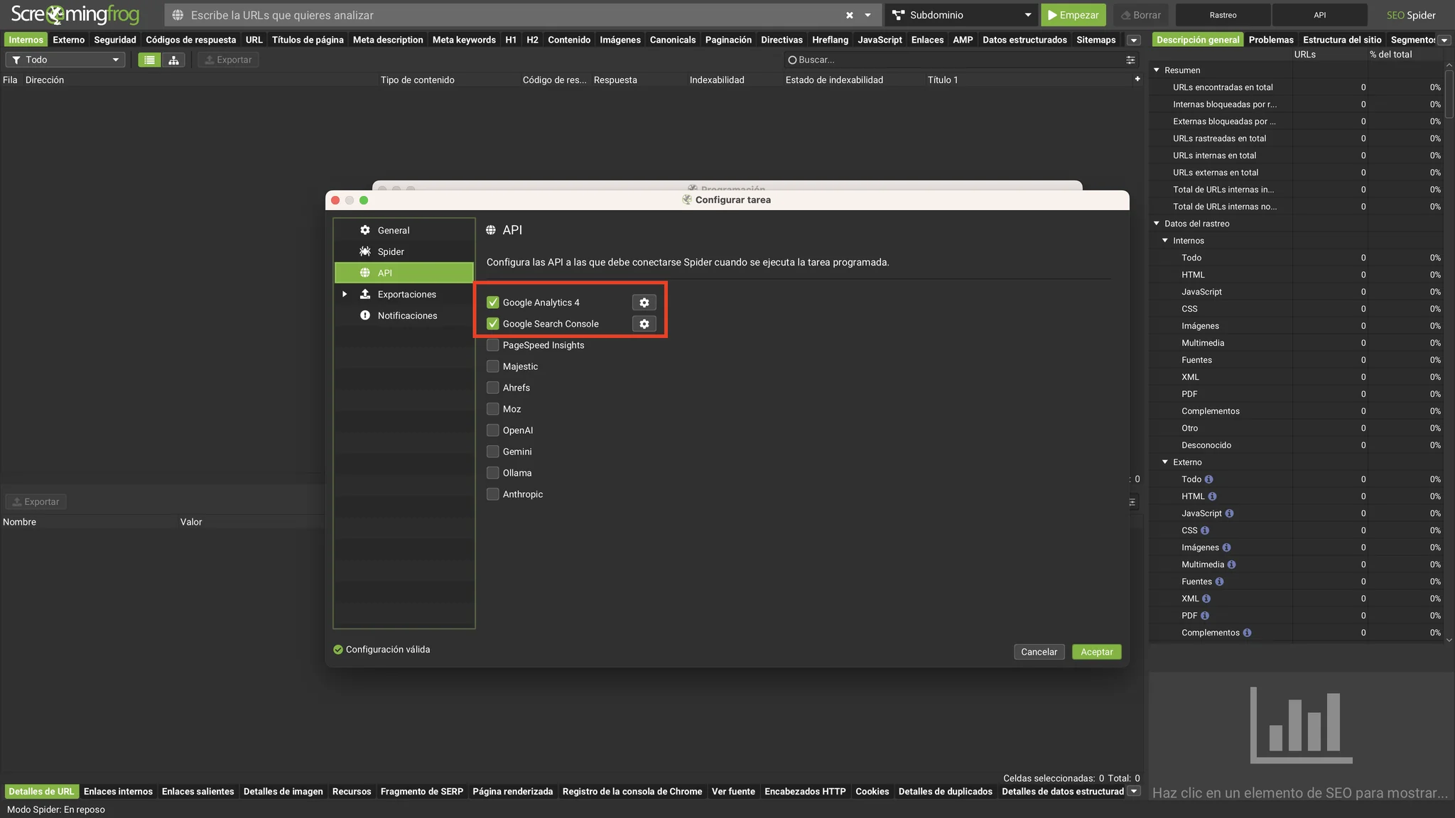 APIs de Google Analytics 4 y Search Console activadas en la tarea programada de Screaming Frog con el mensaje de configuración válida