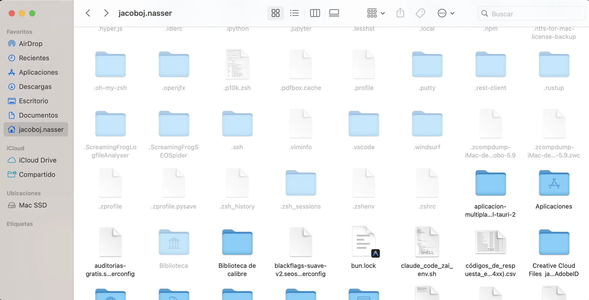 Carpeta oculta .ScreamingFrogSEOSpider en el directorio de usuario de macOS, donde Screaming Frog guarda la licencia, el EULA y las credenciales de las APIs
