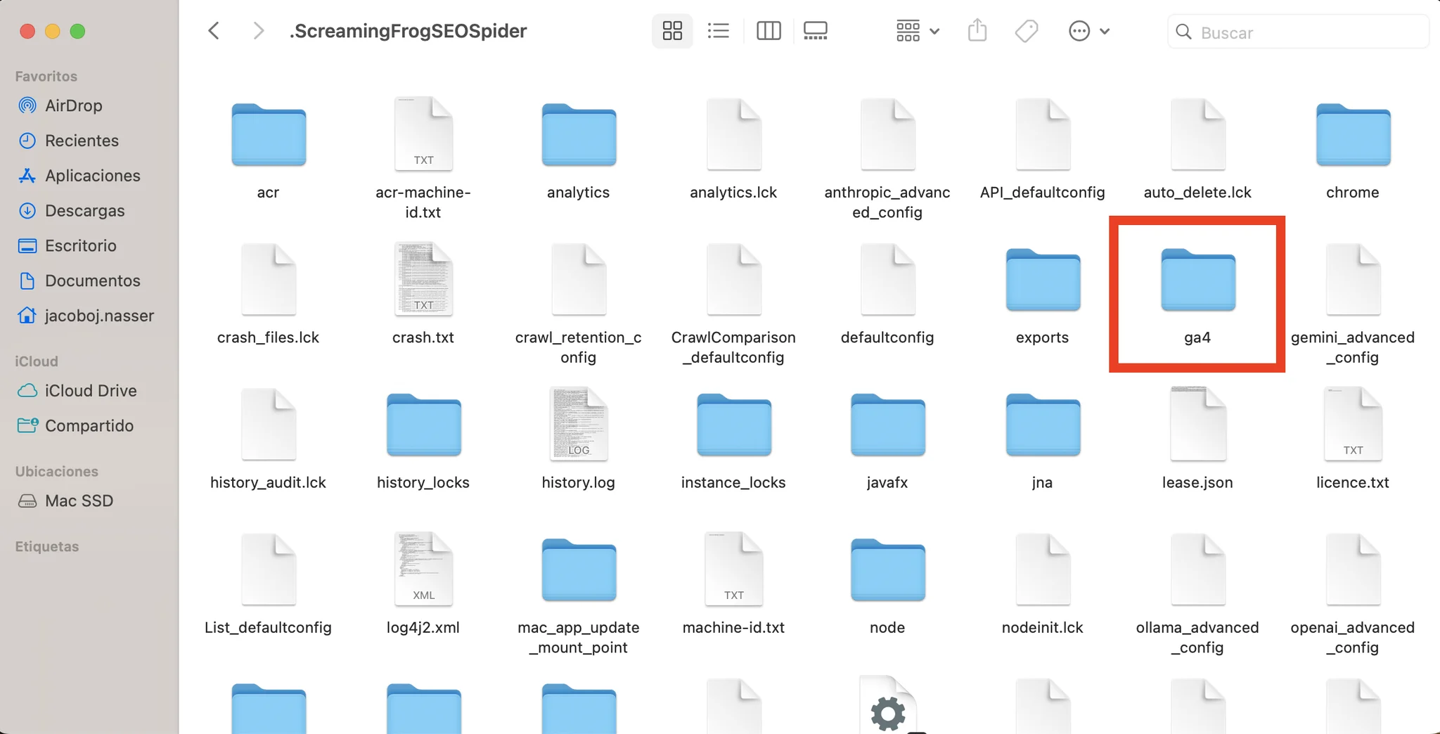 Carpeta ga4 señalada dentro de .ScreamingFrogSEOSpider en macOS, donde Screaming Frog almacena las credenciales de Google Analytics 4