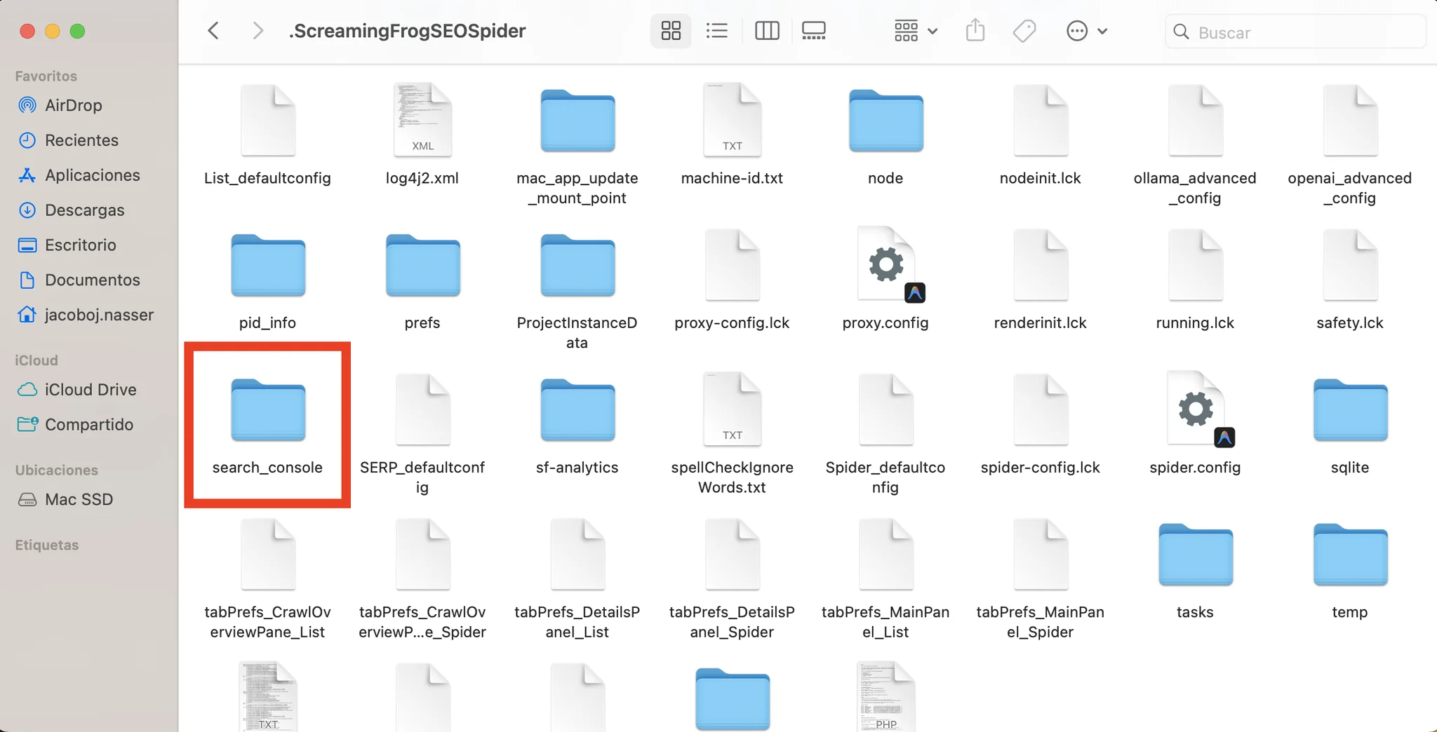 Interior de la carpeta .ScreamingFrogSEOSpider en macOS con la subcarpeta search_console señalada, donde Screaming Frog almacena las credenciales de Google Search Console