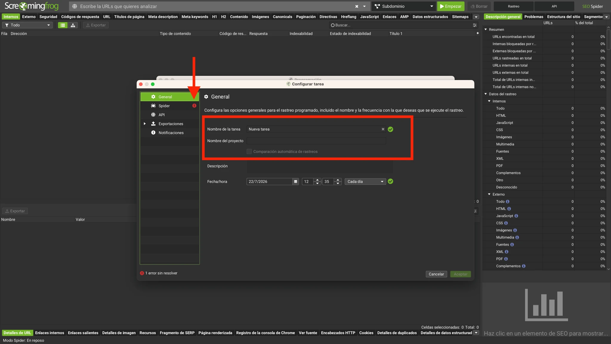 Pestaña General de la ventana Configurar tarea de Screaming Frog con el nombre de la tarea, el proyecto y la frecuencia de la ejecución programada