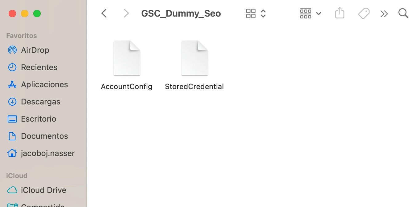 Ficheros AccountConfig y StoredCredential de la cuenta de Google Search Console guardados por Screaming Frog, las credenciales que se copian al VPS para los rastreos headless