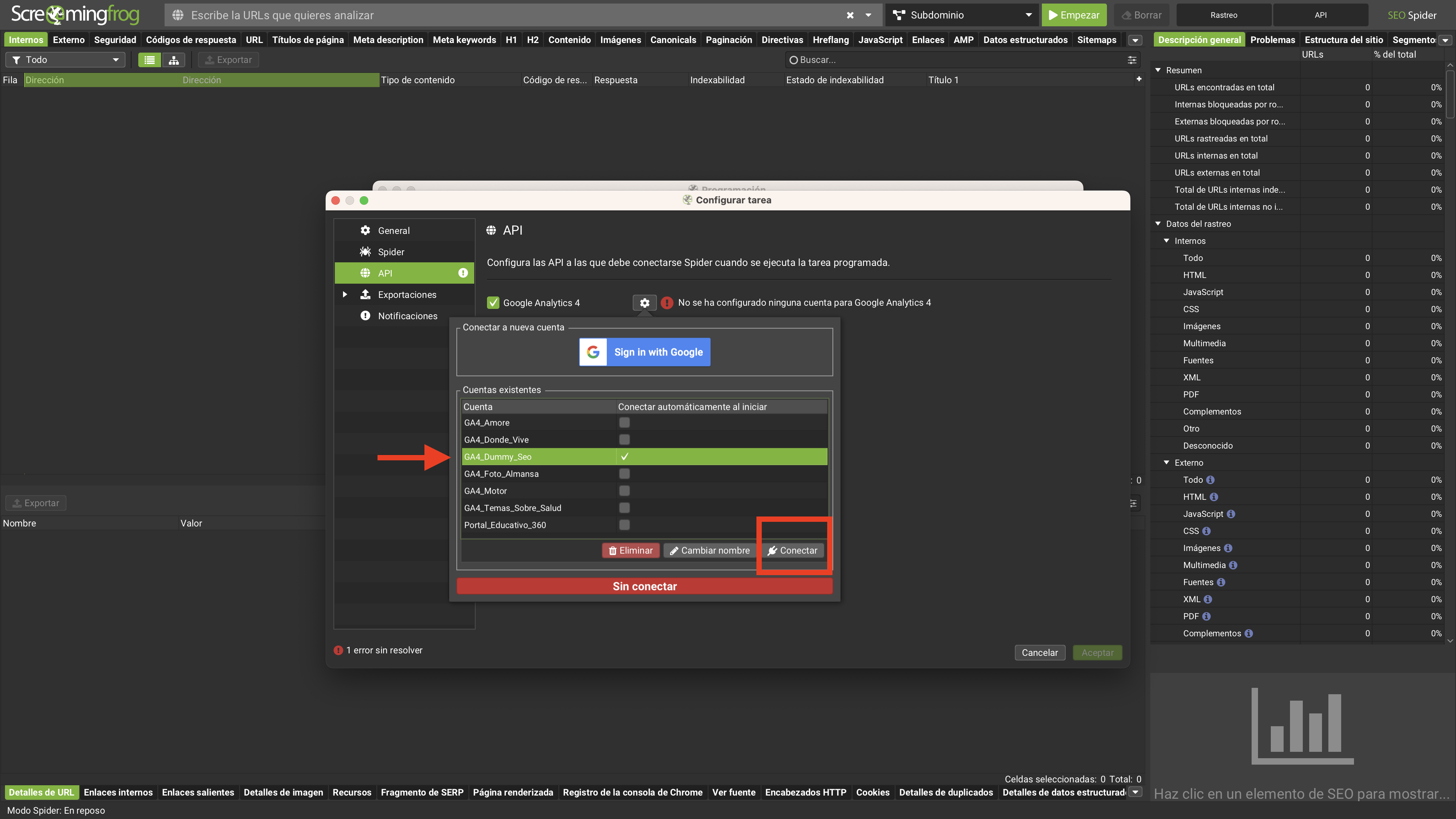 Selector de cuentas de Google Analytics 4 en la pestaña API de Screaming Frog