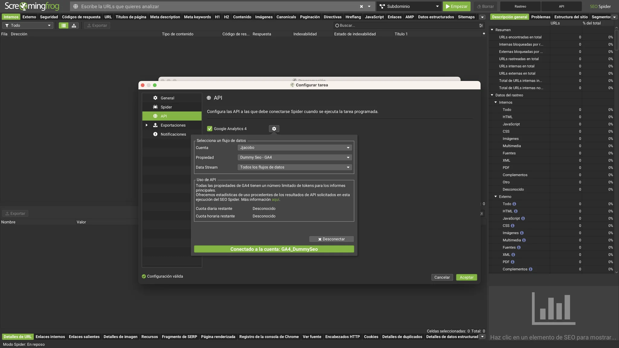 Cuenta de GA4 conectada en la tarea programada de Screaming Frog: propiedad y flujo de datos seleccionados y mensaje de configuración válida