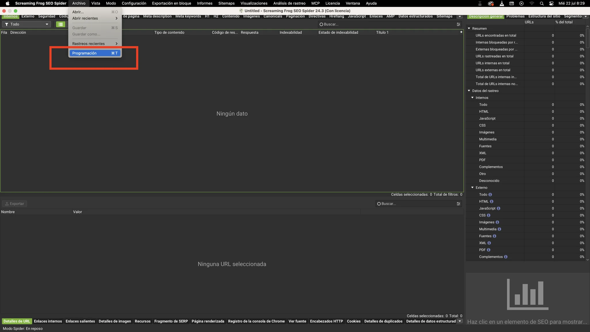 Menú Archivo de Screaming Frog en macOS con la opción Programación para abrir el gestor de tareas programadas
