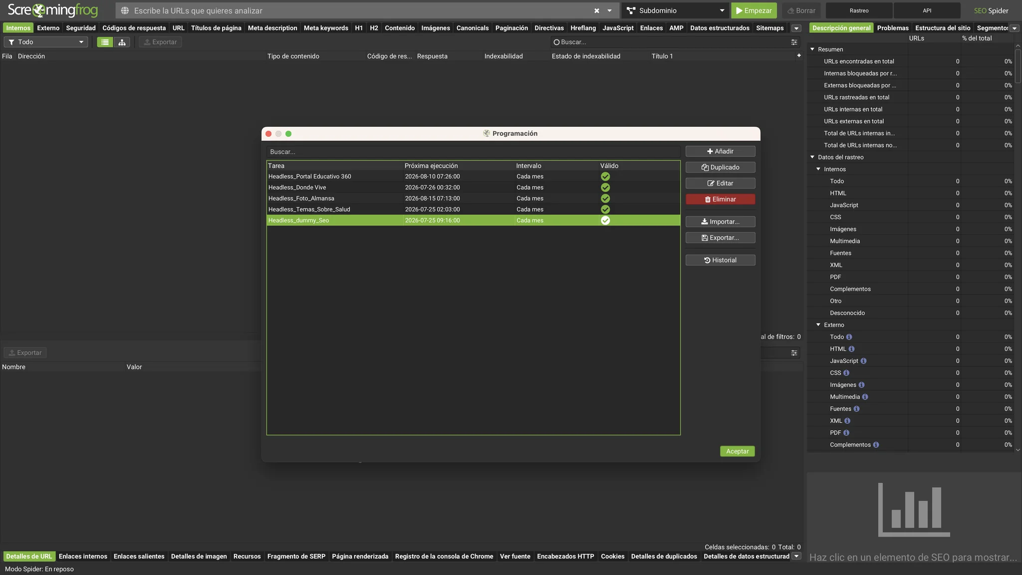 Ventana de Programación de Screaming Frog con las tareas headless mensuales configuradas y su próxima ejecución