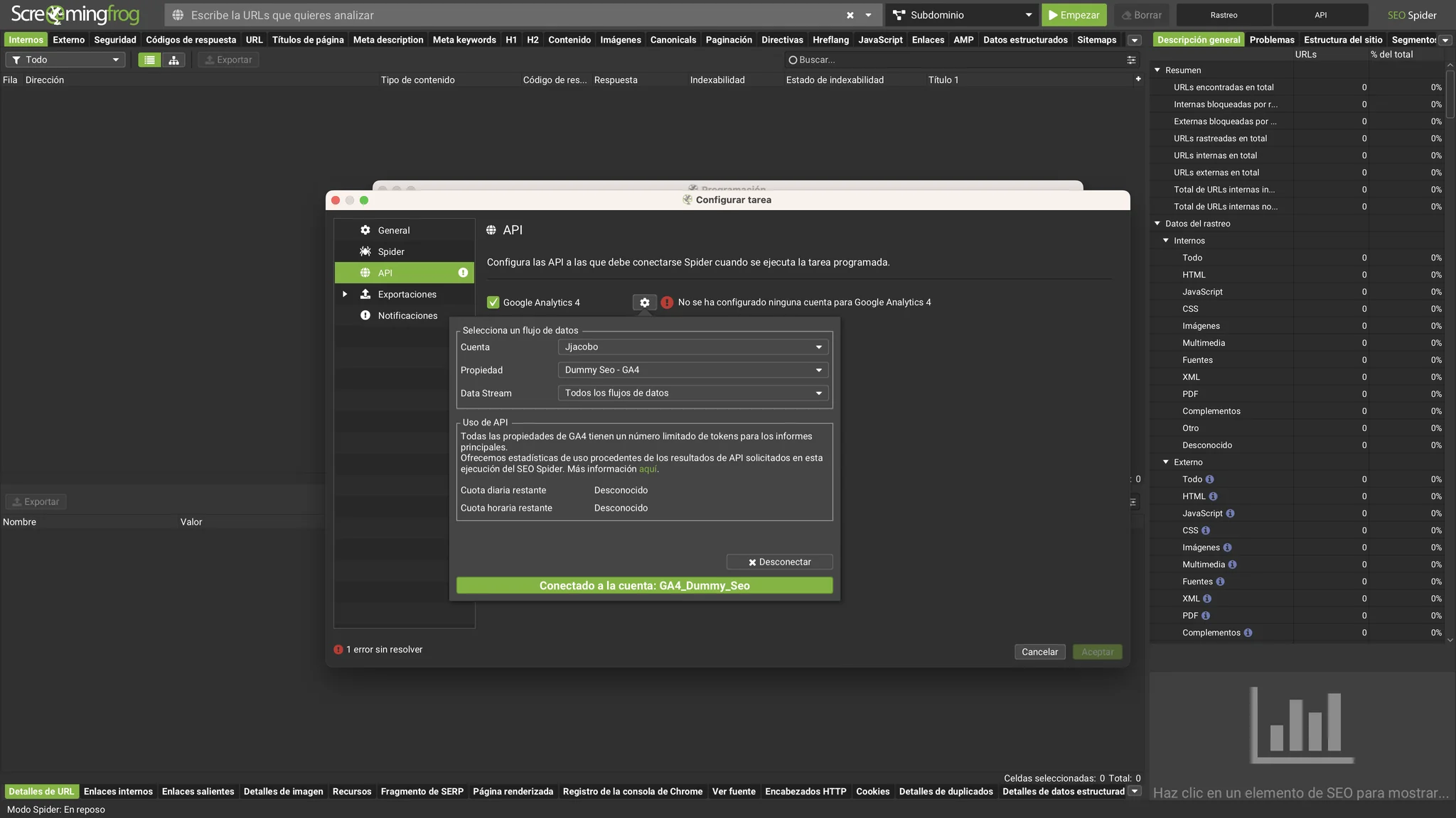 Selección de cuenta, propiedad y flujo de datos de GA4 en la configuración de la tarea programada de Screaming Frog