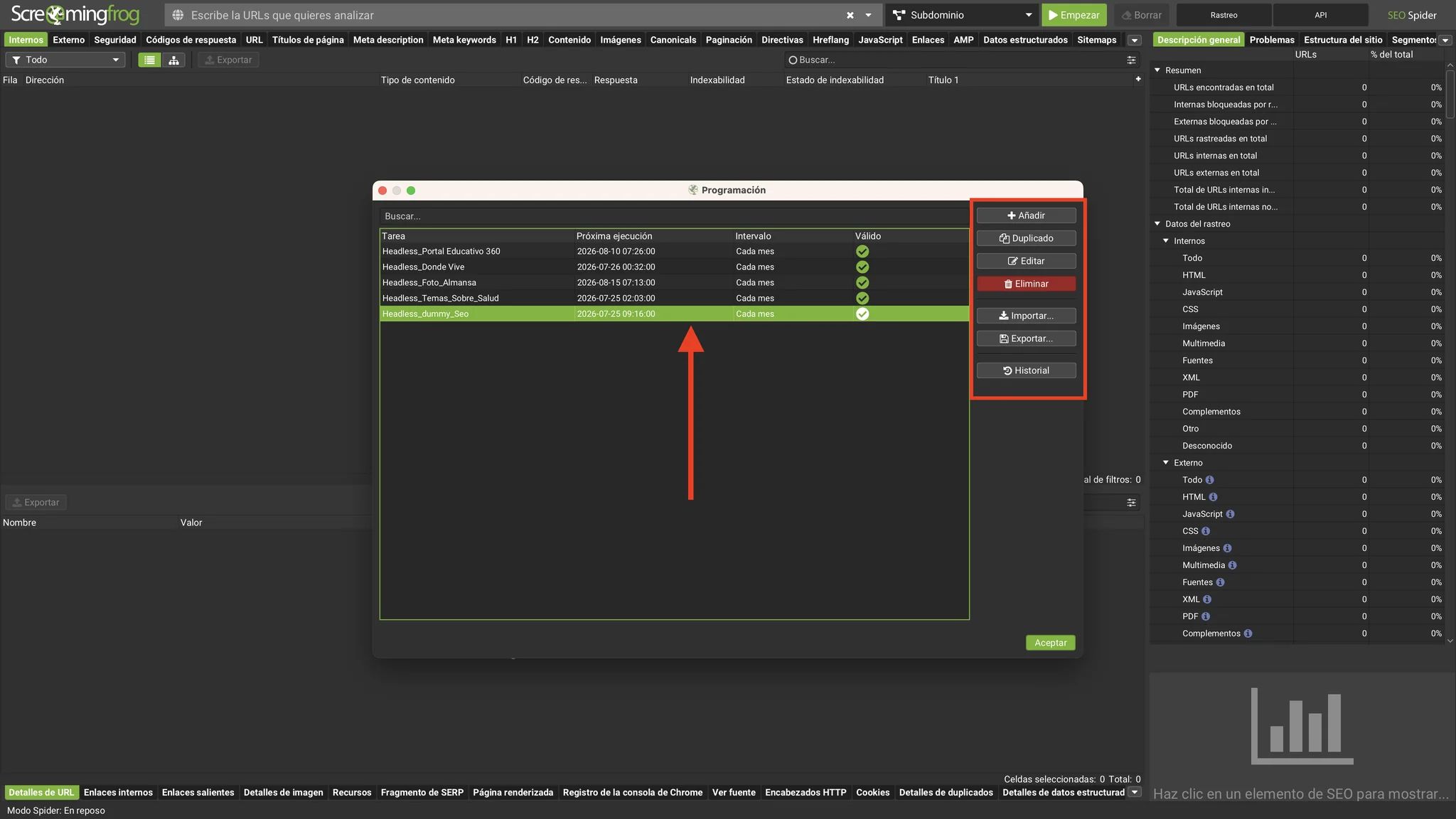 Nueva tarea programada seleccionada en la ventana de Programación de Screaming Frog junto a los botones de duplicar, editar y exportar