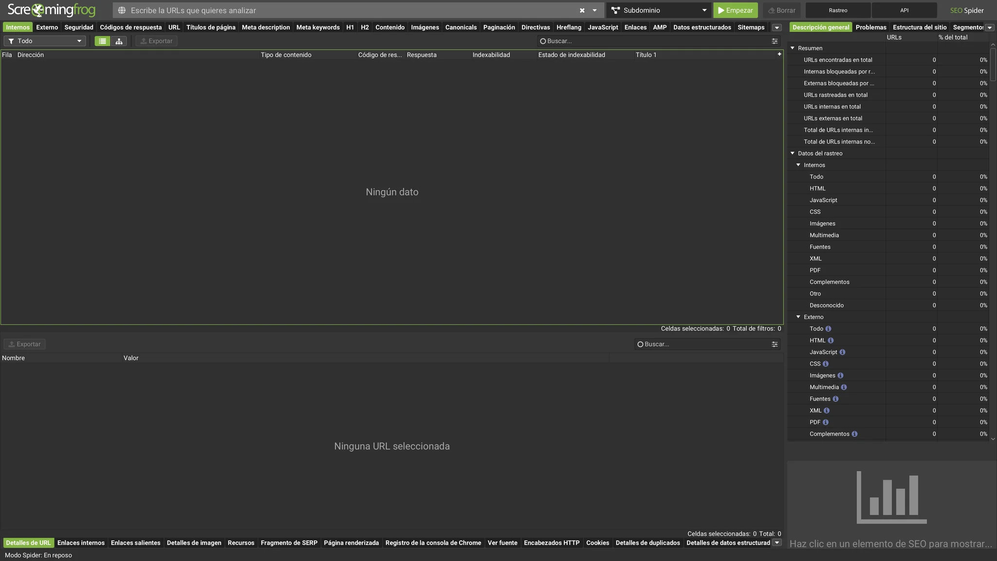 Interfaz principal de Screaming Frog SEO Spider en reposo, punto de partida antes de configurar las tareas programadas