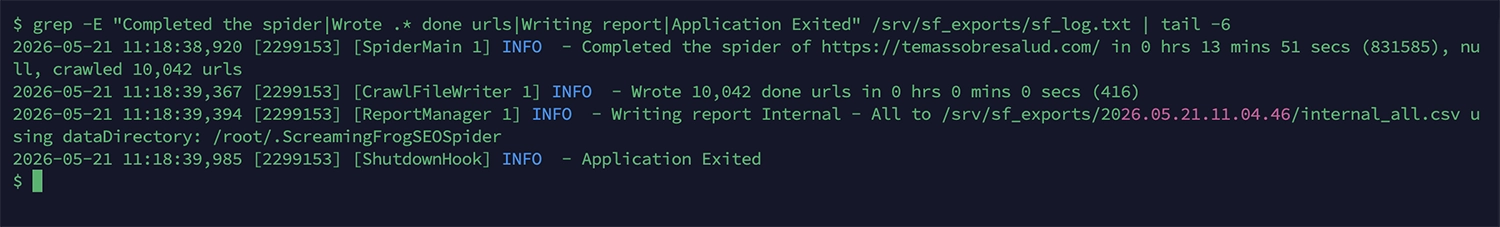 Log de un rastreo headless de Screaming Frog completado: 10.042 URLs en 14 minutos y el export CSV escrito en su carpeta con timestamp