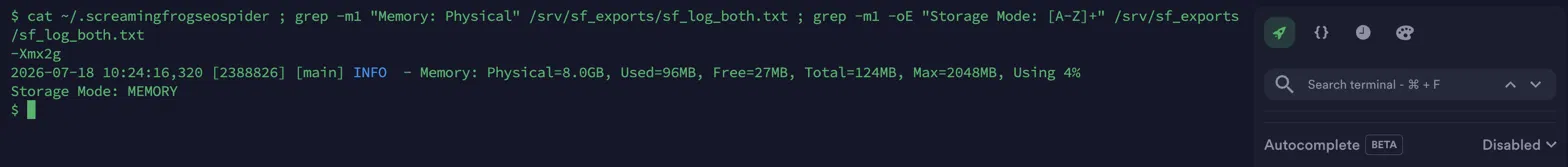 Parámetro -Xmx de RAM y modo de almacenamiento de Screaming Frog headless verificados en el log del rastreo: Max=2048MB y Storage Mode MEMORY