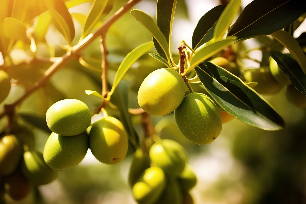 Aceitunas verdes madurando en la rama bajo la luz del sol