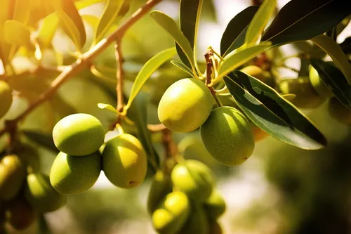 Aceitunas verdes madurando en la rama bajo la luz del sol