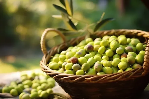 Cesta llena de aceitunas verdes recién cogidas del árbol