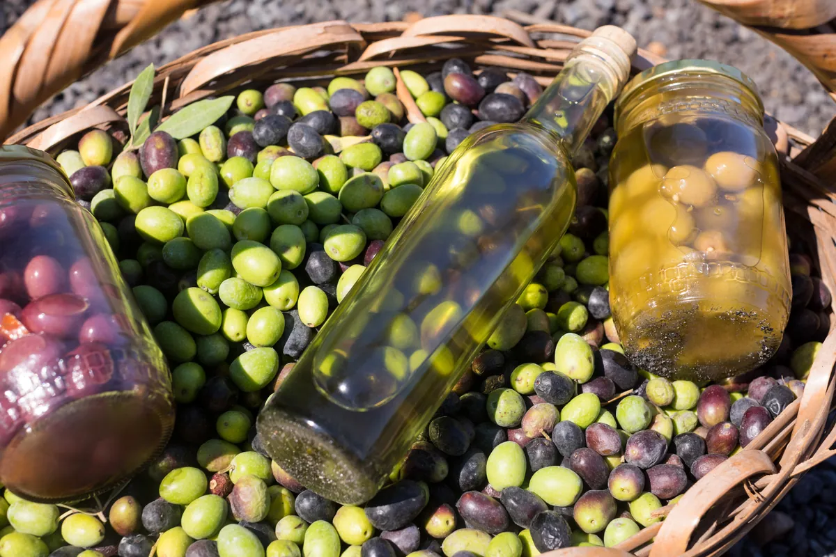 Tarro de aceitunas junto a una botella de aceite de oliva