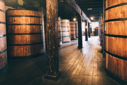 Barricas de madera sobre el suelo entarimado de la bodega