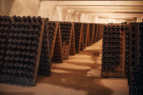 Botellas de vino espumoso en la línea de la bodega