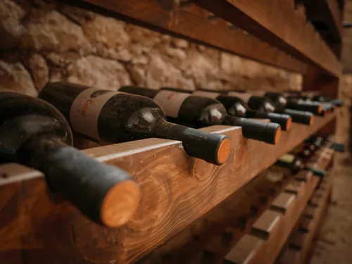 Detalle de botellas de vino apoyadas en la estantería de la bodega