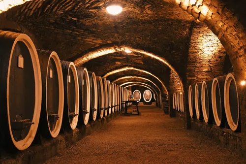 Bodega histórica con barricas de madera bajo los muros del castillo