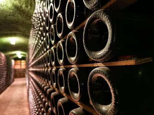 Pasillo de bodega con botellas alineadas a ambos lados