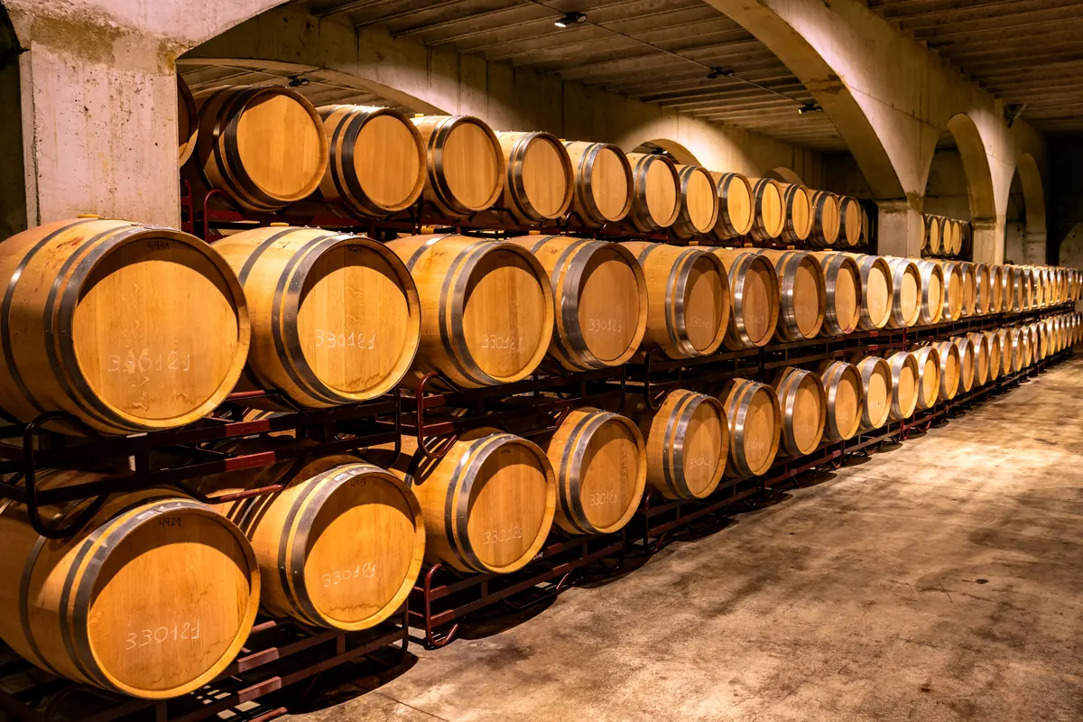 Sala de crianza con barricas destinadas al envejecimiento del vino