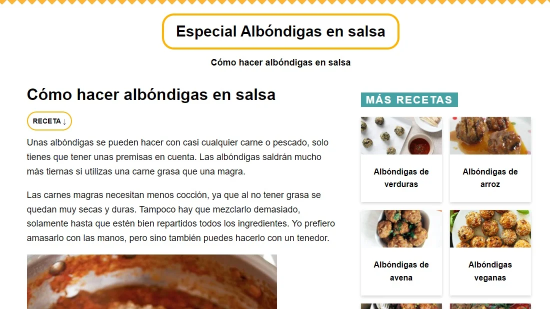 Ejemplo de web de micronicho: sitio de recetas dedicado a las albóndigas en salsa