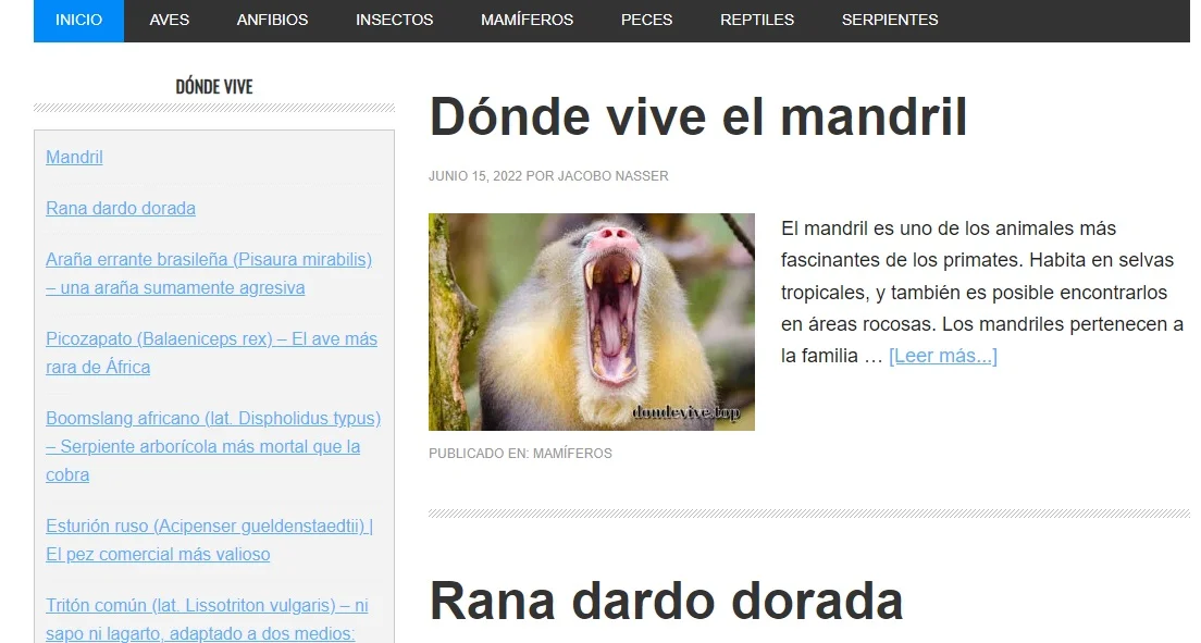 Ejemplo de web de nicho: portal sobre animales con secciones de aves, mamíferos, peces y reptiles
