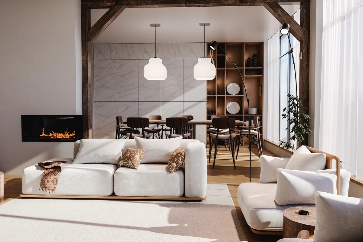 Salón moderno con chimenea como elemento central del espacio