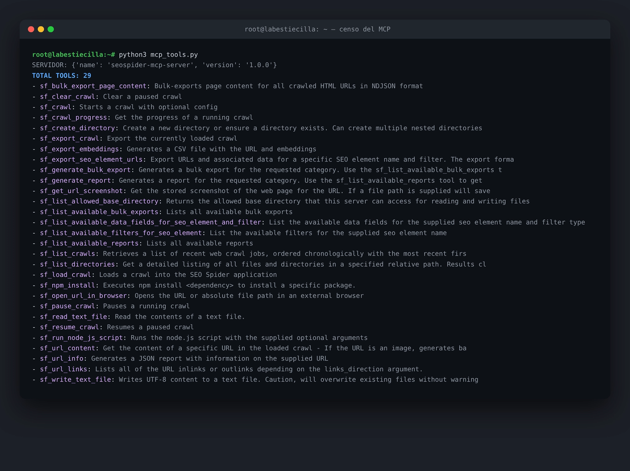 Censo en vivo de las 29 herramientas del servidor MCP de Screaming Frog