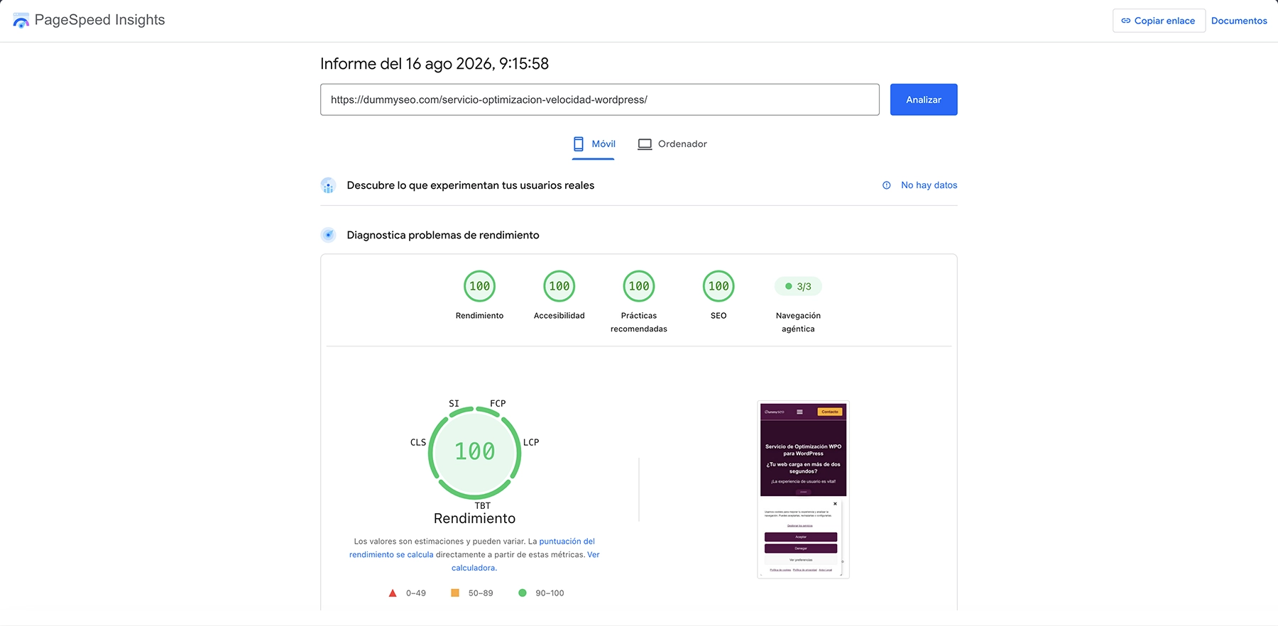 Informe de PageSpeed Insights en móvil con 100 en Rendimiento, Accesibilidad, Prácticas recomendadas y SEO
