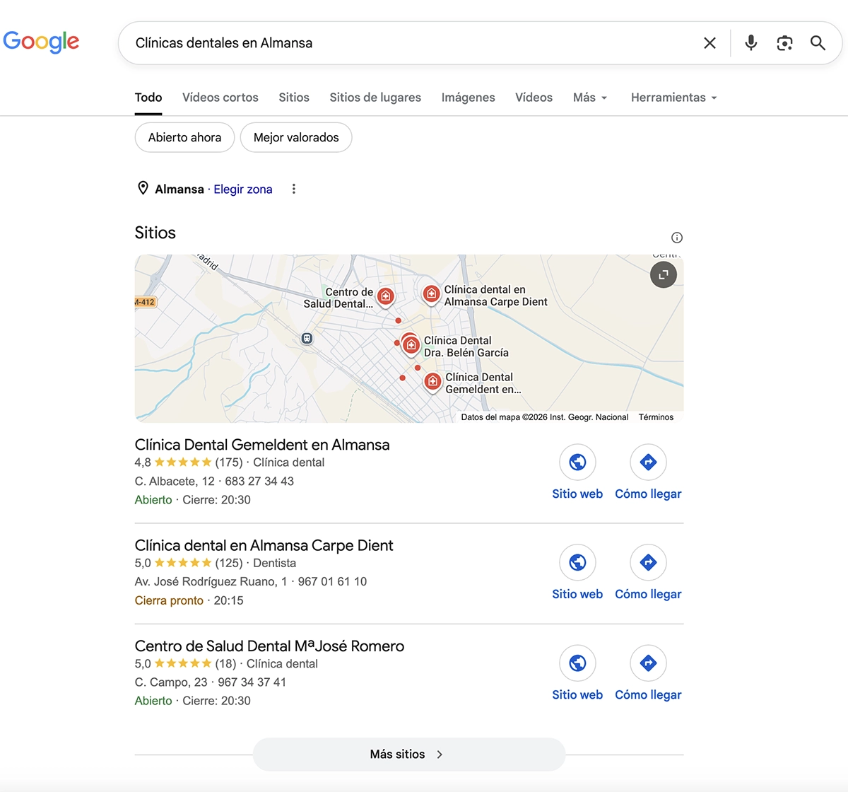 Resultados locales de Google para «Clínicas dentales en Almansa»: las mismas tres clínicas en distinto orden
