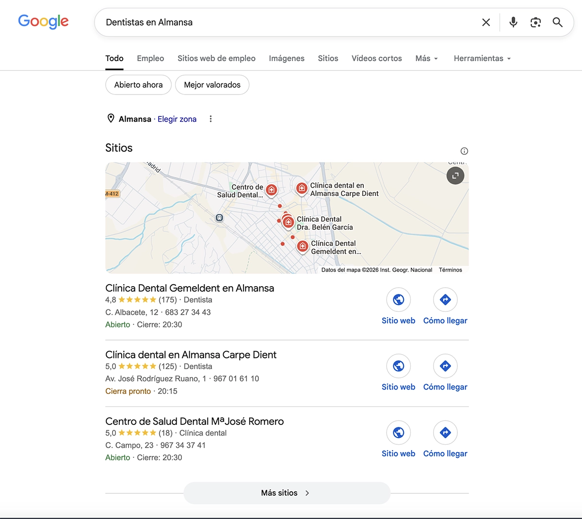 Resultados locales de Google para «Dentistas en Almansa»: tres clínicas con su categoría, valoración y número de reseñas