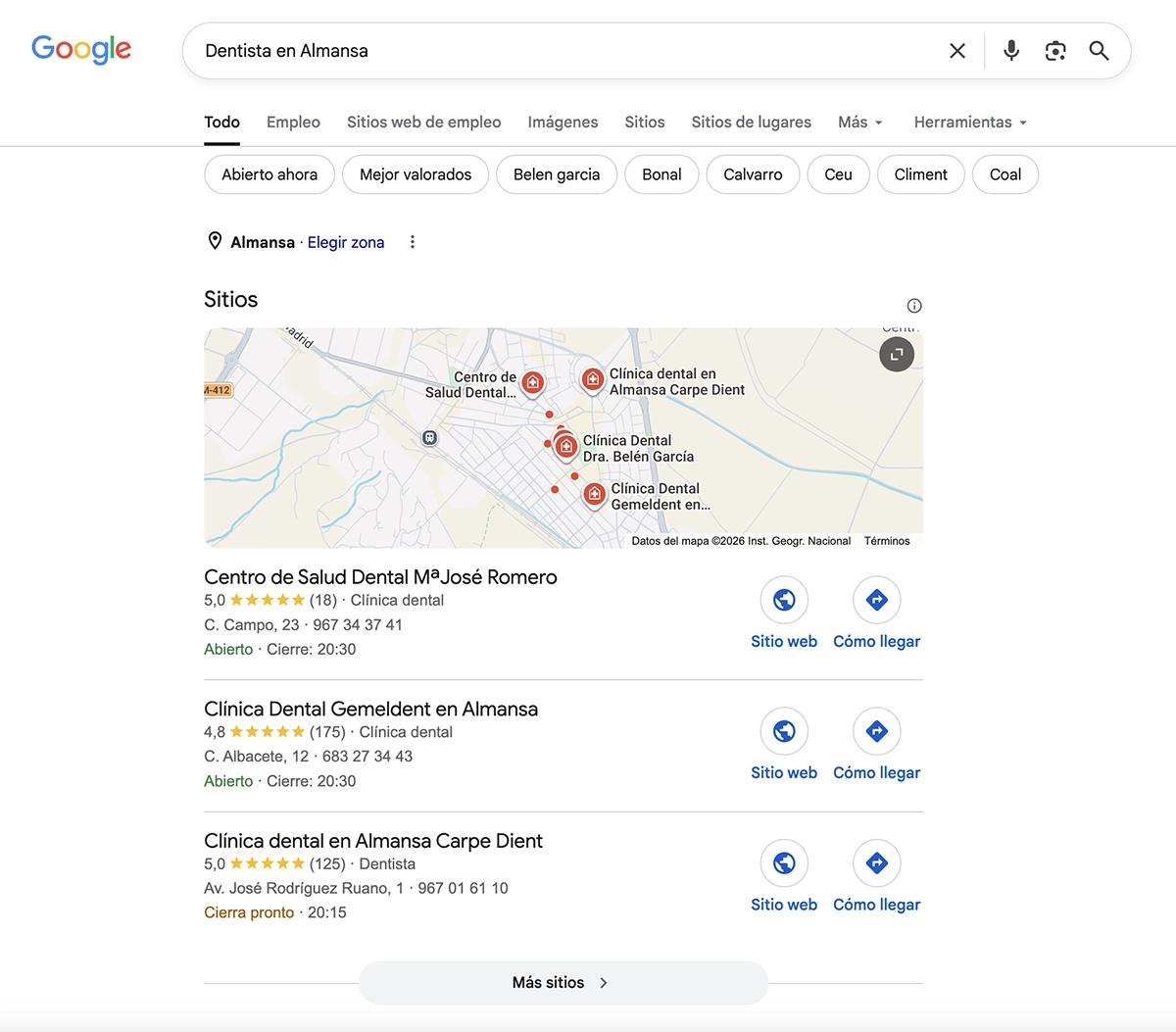 Resultados locales de Google para «Dentista en Almansa»: mapa y tres clínicas dentales con valoración, dirección y horario